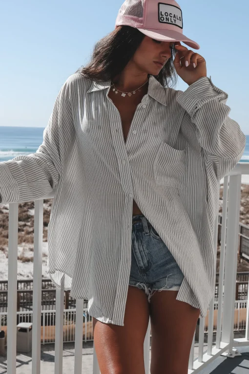 A Summer Essential Striped Button Up Top Cover Up Top