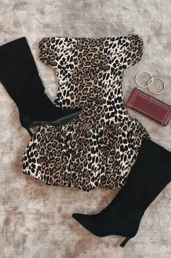 Always On The Go Off The Shoulder Leopard Mini Dress