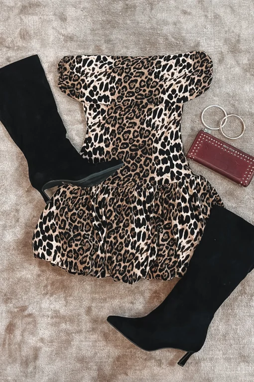 Always On The Go Off The Shoulder Leopard Mini Dress