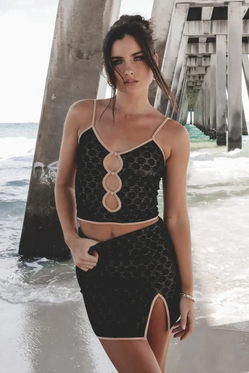 Always Wishing For Florals Black Cutout Crop And Lace Skirt Set