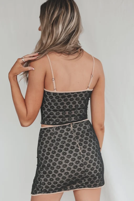 Always Wishing For Florals Black Cutout Crop And Lace Skirt Set