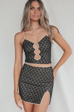 Always Wishing For Florals Black Cutout Crop And Lace Skirt Set