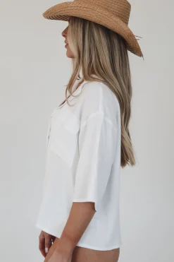 Answering Emails By The Ocean Button Up Cropped Short Sleeve Top