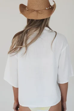 Answering Emails By The Ocean Button Up Cropped Short Sleeve Top