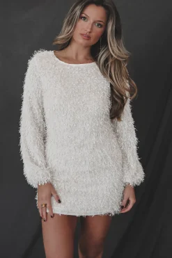 Came To Slay Long Sleeve Cream Fur Party Dress