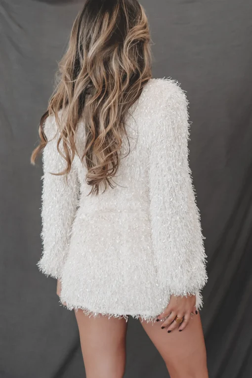 Came To Slay Long Sleeve Cream Fur Party Dress