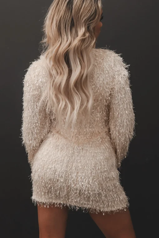 Came To Slay Long Sleeve Cream Fur Party Dress