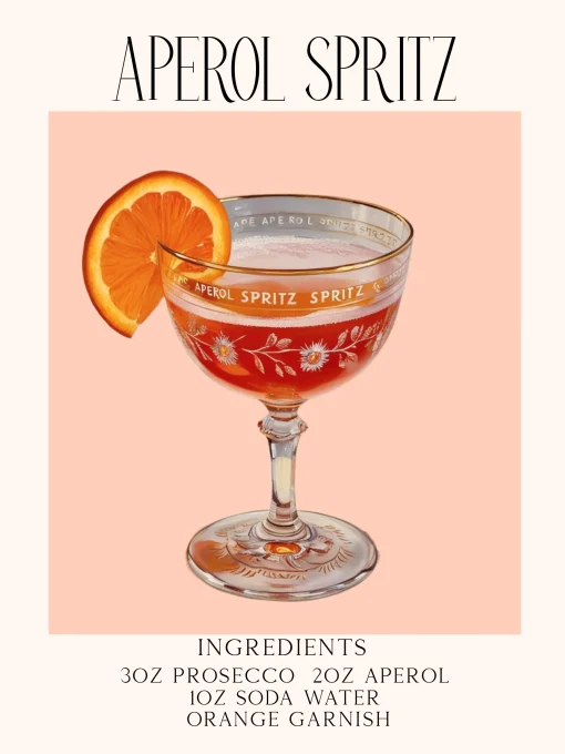 Cocktail Recipe Poster Aperol Spritz Original Custom Designed Barcart
