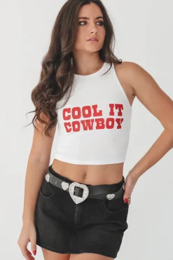 Cool It Cowboy High Neck Western Graphic Cropped Fitted Tank