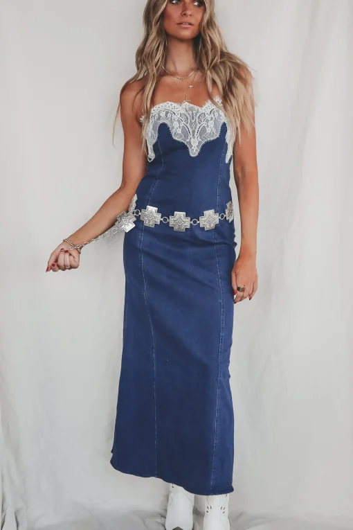 Cowgirl Cocktail Denim Lace Maxi Dress