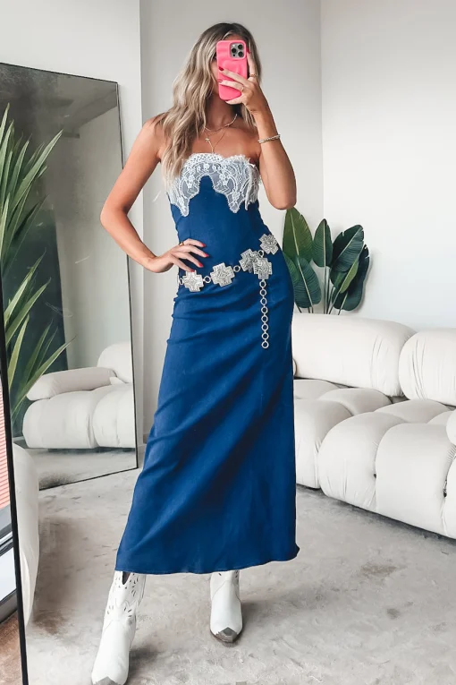 Cowgirl Cocktail Denim Lace Maxi Dress