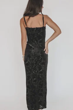 Dark Side Of The Flowers Velvet Cutout Mesh Black Floral Maxi Dress