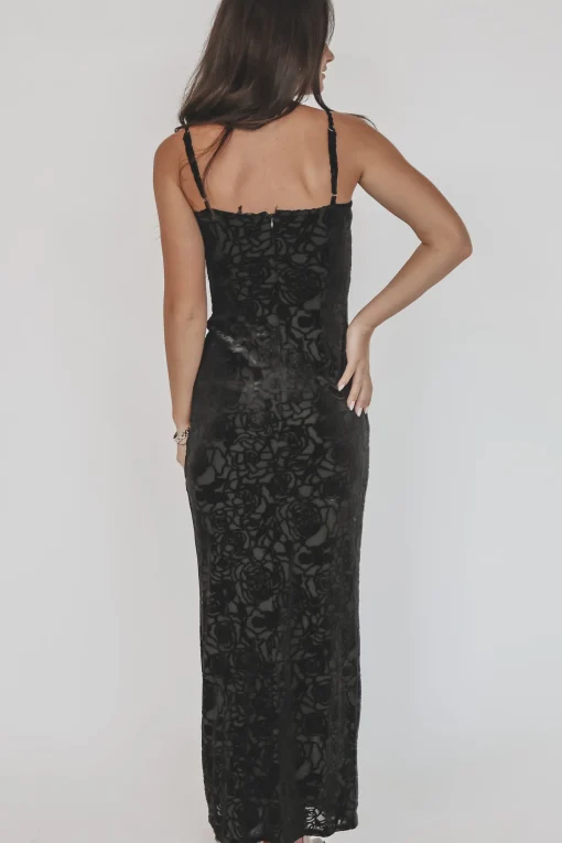Dark Side Of The Flowers Velvet Cutout Mesh Black Floral Maxi Dress