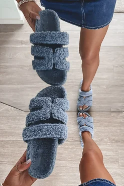 DEAL Comfy Is The New Cool Blue Furry Slipper Slides