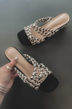 Dressed Up Nicely Black Multi Color Woven Block Heels