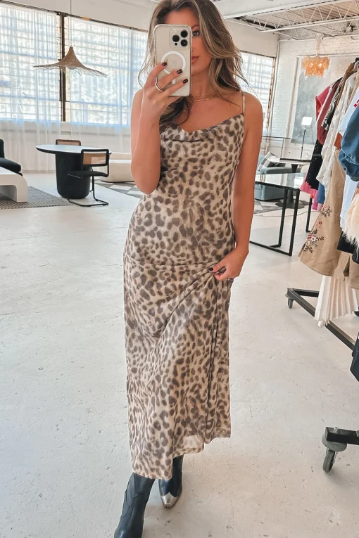 Dressed Up On Trend Leopard Cowl Neck Maxi Dress