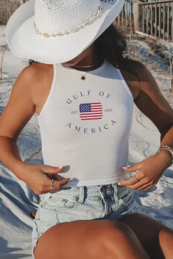 Gulf Of America White Cropped High Neck Tank Top