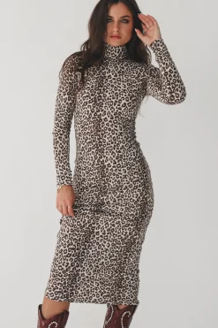 High Class Long Sleeve Leopard Midi Dress
