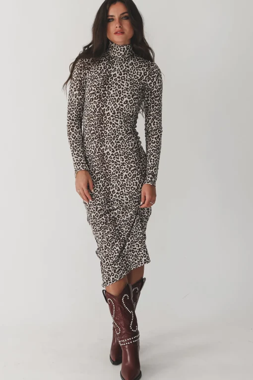High Class Long Sleeve Leopard Midi Dress