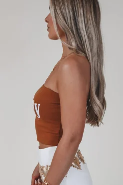 Howdy Double Lined Burnt Orange Western Strapless Graphic