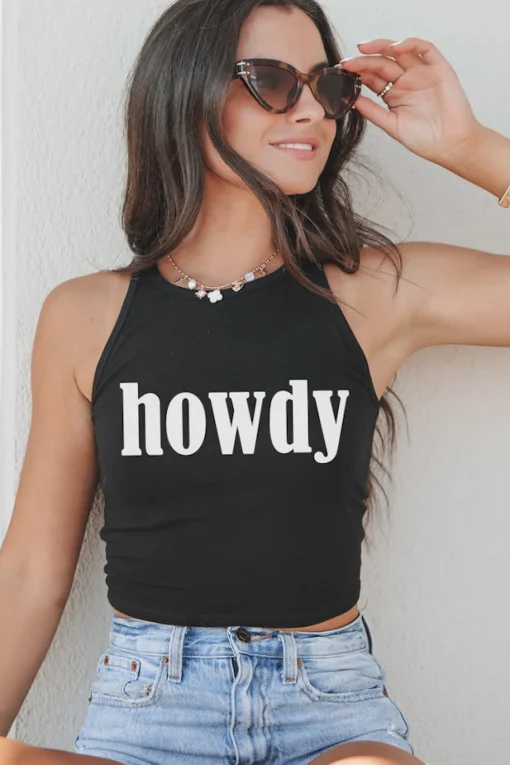 Howdy High Neck Western Graphic Cropped Fitted Tank