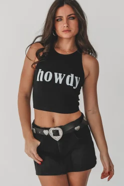 Howdy High Neck Western Graphic Cropped Fitted Tank