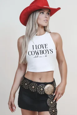 I Love Cowboys High Neck Western Graphic Cropped Fitted Tank