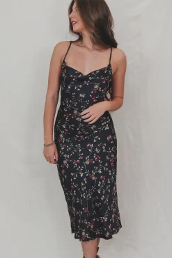 In Your Wildest Dream Navy Floral Satin Midi Dress