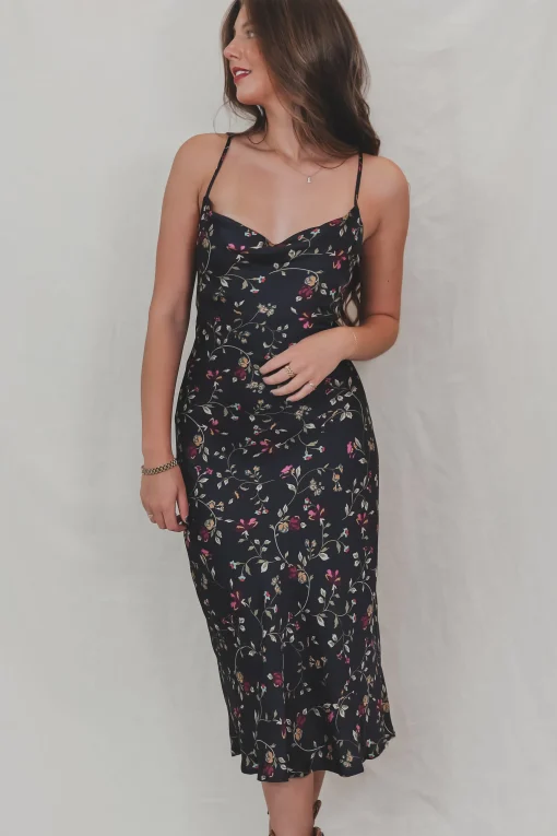 In Your Wildest Dream Navy Floral Satin Midi Dress