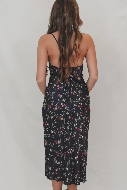 In Your Wildest Dream Navy Floral Satin Midi Dress
