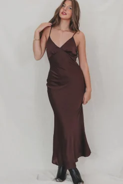 It's A Date Brown Satin Maxi Dress