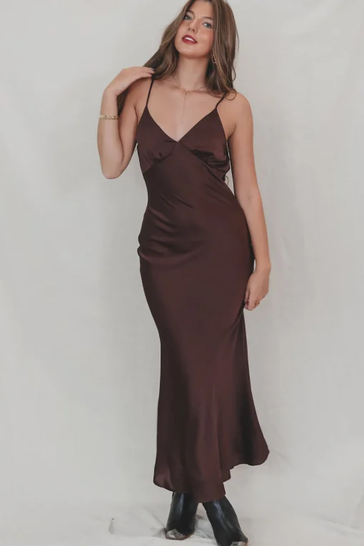 It's A Date Brown Satin Maxi Dress