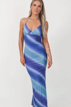 Lost Those Ocean Blues Sparkly Mesh Ombré Maxi Halter Dress