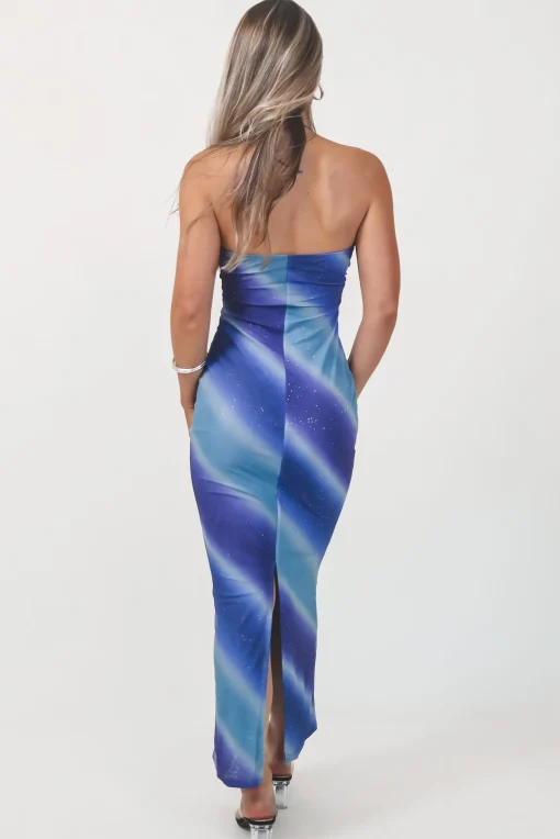 Lost Those Ocean Blues Sparkly Mesh Ombré Maxi Halter Dress