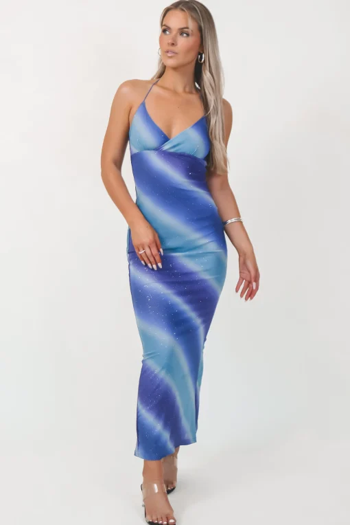 Lost Those Ocean Blues Sparkly Mesh Ombré Maxi Halter Dress