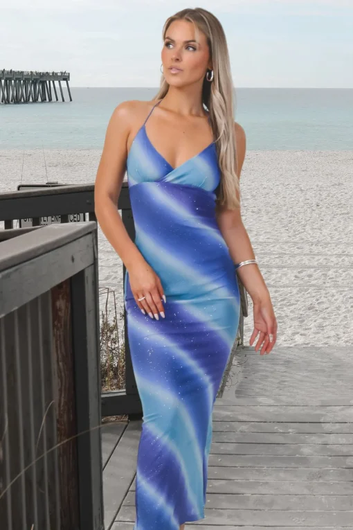 Lost Those Ocean Blues Sparkly Mesh Ombré Maxi Halter Dress