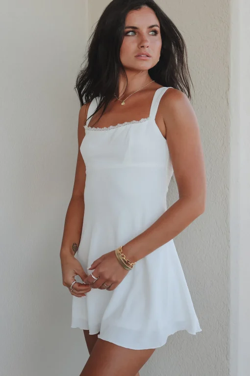 Lots Of Love Lace Trim Open Back White Mini Dress