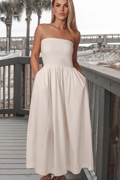 Meet Me A Five Drop Waist White Strapless Maxi Dress