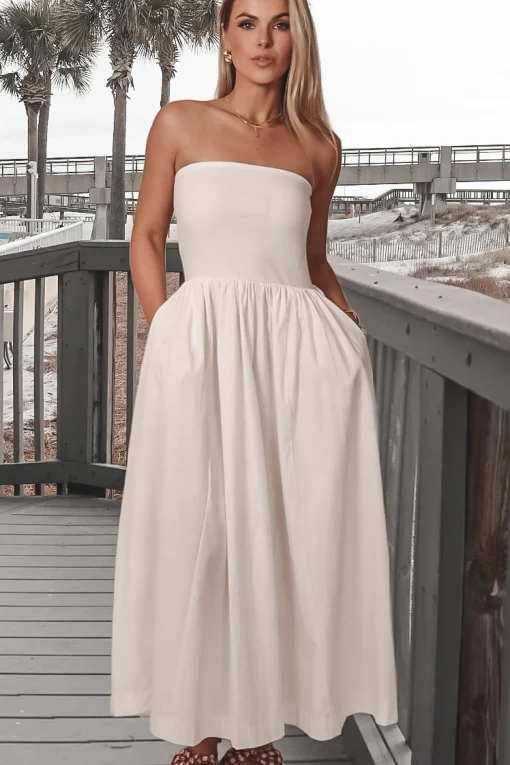 Meet Me A Five Drop Waist White Strapless Maxi Dress
