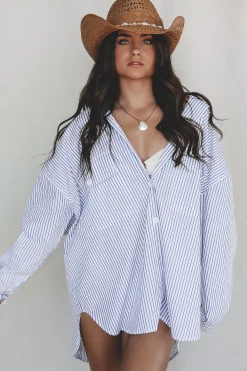 My Boyfriends Blue Striped Oversized Button Up