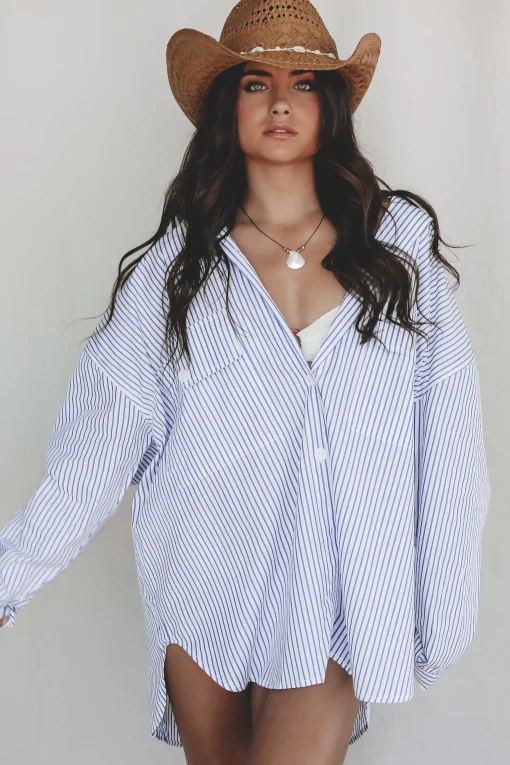 My Boyfriends Blue Striped Oversized Button Up