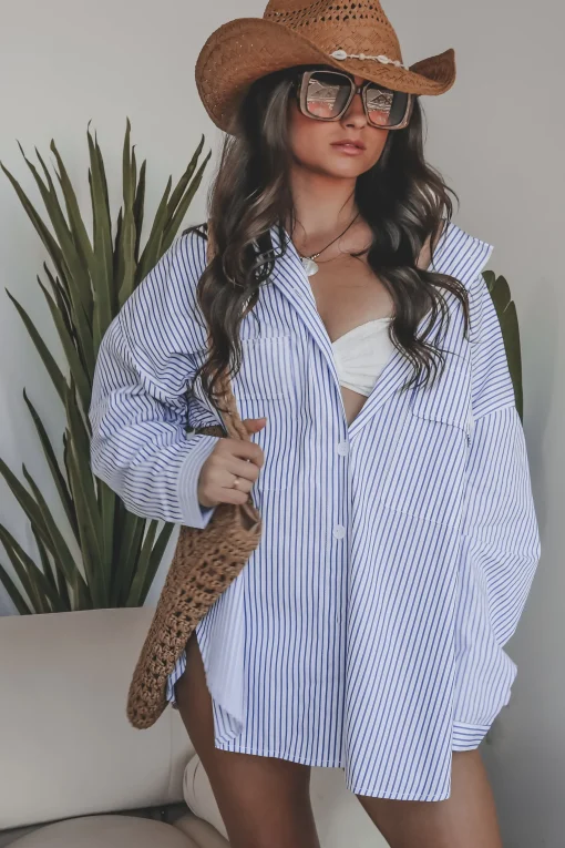 My Boyfriends Blue Striped Oversized Button Up