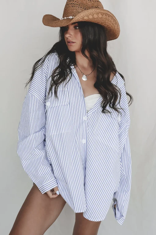 My Boyfriends Blue Striped Oversized Button Up