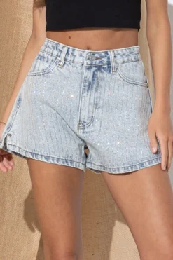 My Denim Sparkles Rhinestone Washed Denim Shorts