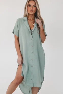 On Beach Chair Sage Button Up Long Shirt