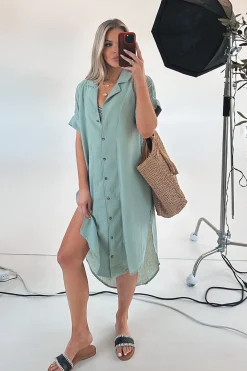 On Beach Chair Sage Button Up Long Shirt