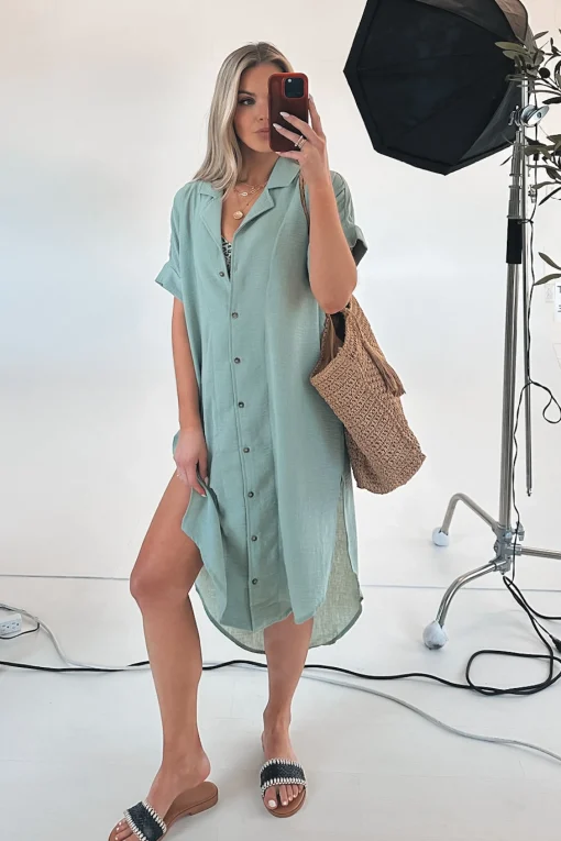 On Beach Chair Sage Button Up Long Shirt