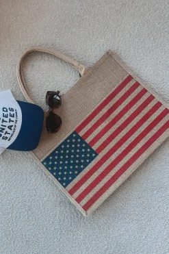 Patriotic Babe American Flag Burlap Beach Bag