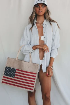 Patriotic Babe American Flag Burlap Beach Bag