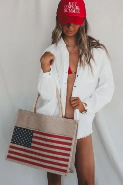 Patriotic Babe American Flag Burlap Beach Bag